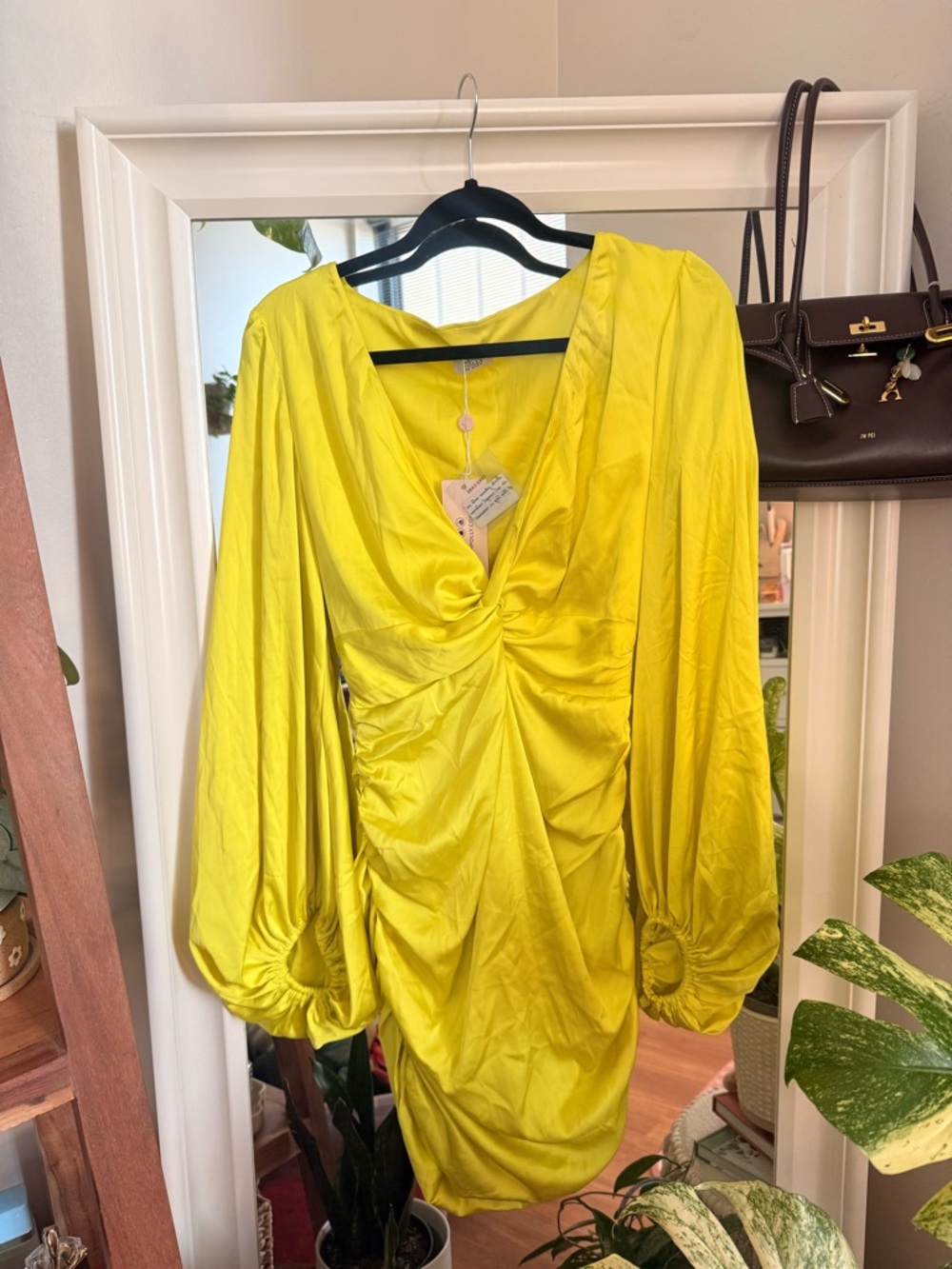 Oh Polly Yellow Satin Twist-Front Mini Dress
